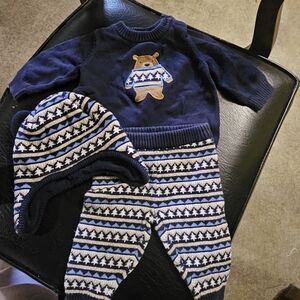 Gymboree 0-3 Mos‎ Knit Matching Set Outfit Cubs & Hugs Sweater Hat Pants Holiday